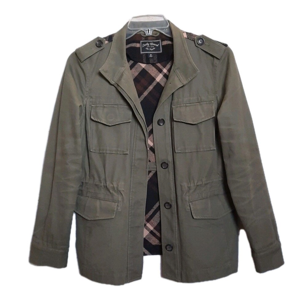 Lucky Brand Army Green Military Cargo Utility Chore Barn Jacket Plaid Back Sz M